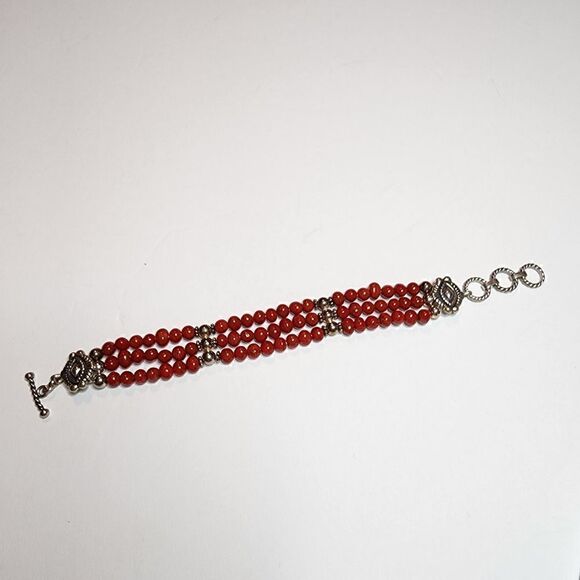 Ruby Lane Signed M.G. Sterling Silver Red Coral Bead Bracelet 3 Rows - Picture 3 of 10